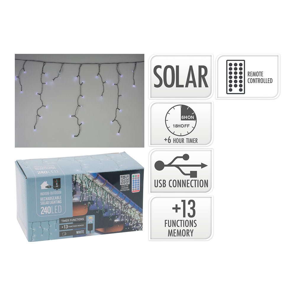 Grinalda solar recarregÃ¡vel 240 leds intermitentes branco frio, 13 funÃ§Ãµes, exterior, cabo verde 5,6m_0