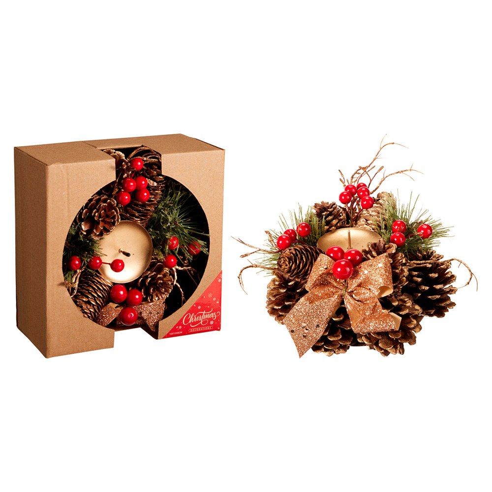 Centro de mesa de natal com castiÃ§al, pinhas e bagas, Ã¸15 cm_0