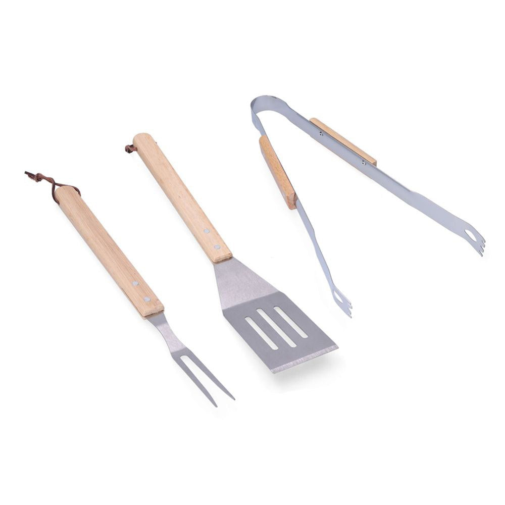 Conjunto de 3 ferramentas para churrasco de carvalho/aÃ§o inoxidÃ¡vel_0