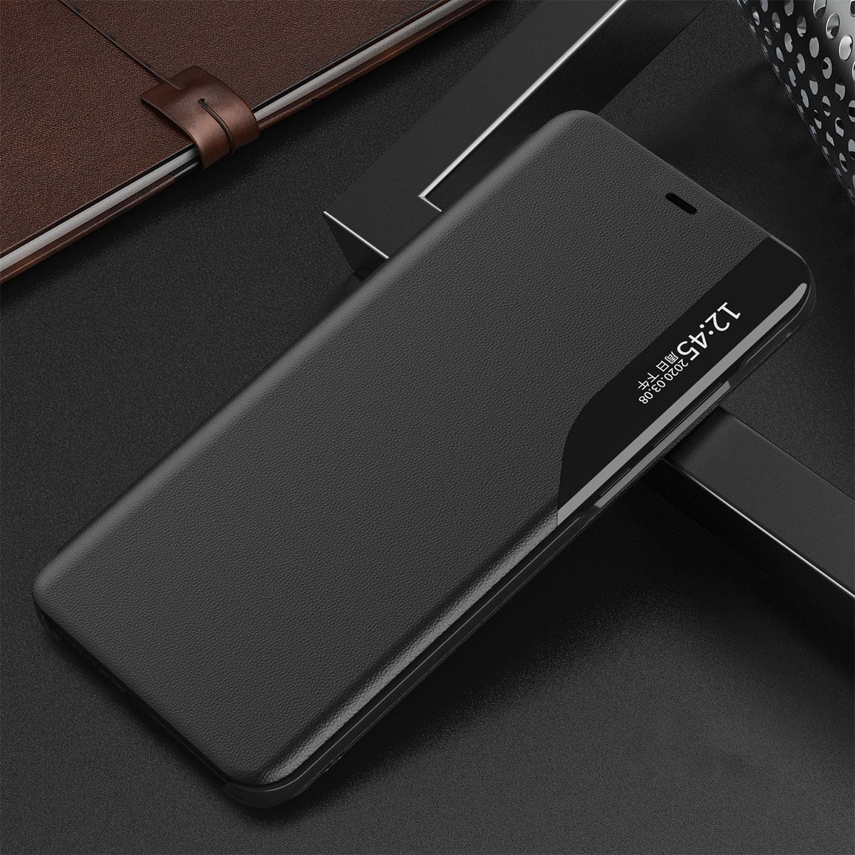 Eco Leather View Case elegant bookcase type case with kickstand for iPhone 13 Pro Max black_10
