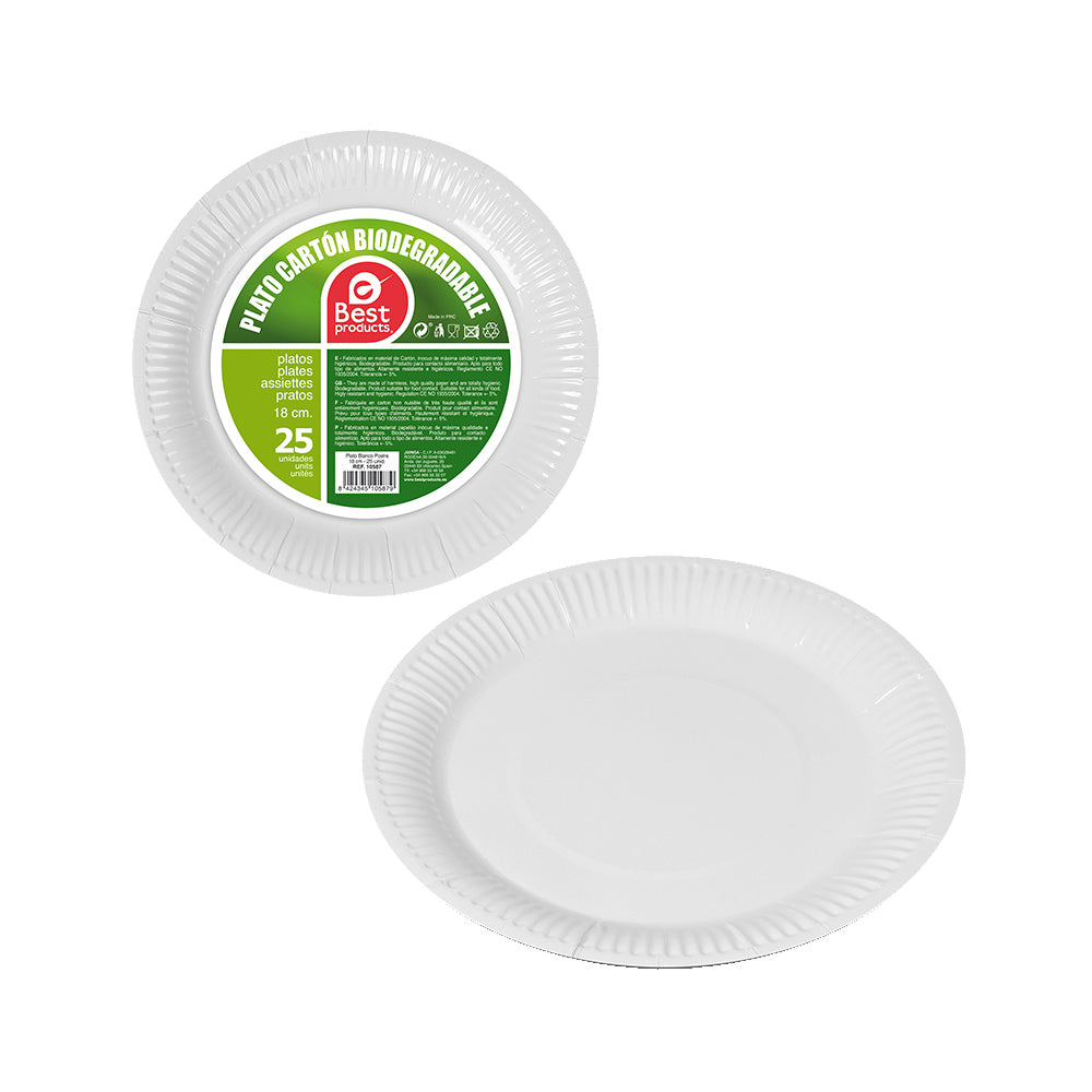 Pack con 25 unid. prato sobremesa branco papelÃ£o Ã¸18cm best products green_0
