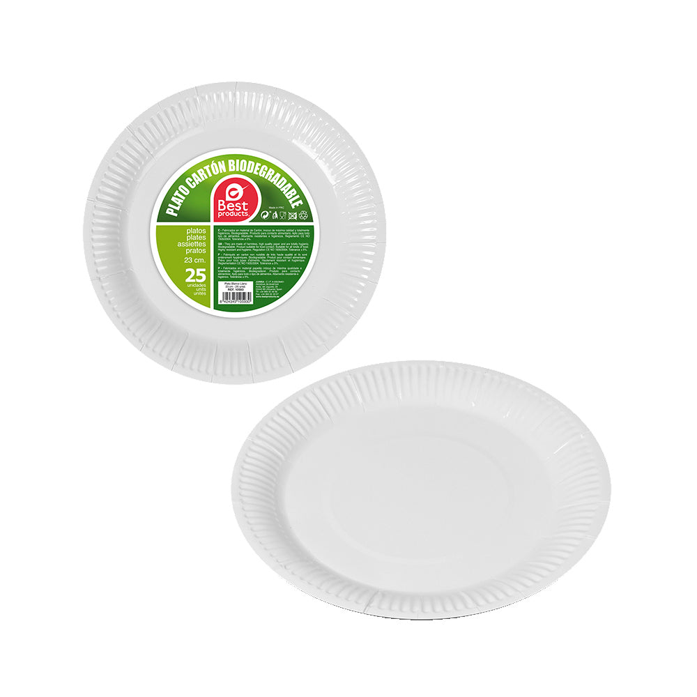 Pack con 25 unid. prato branco papelÃ£o Ã¸23cm best products green_0