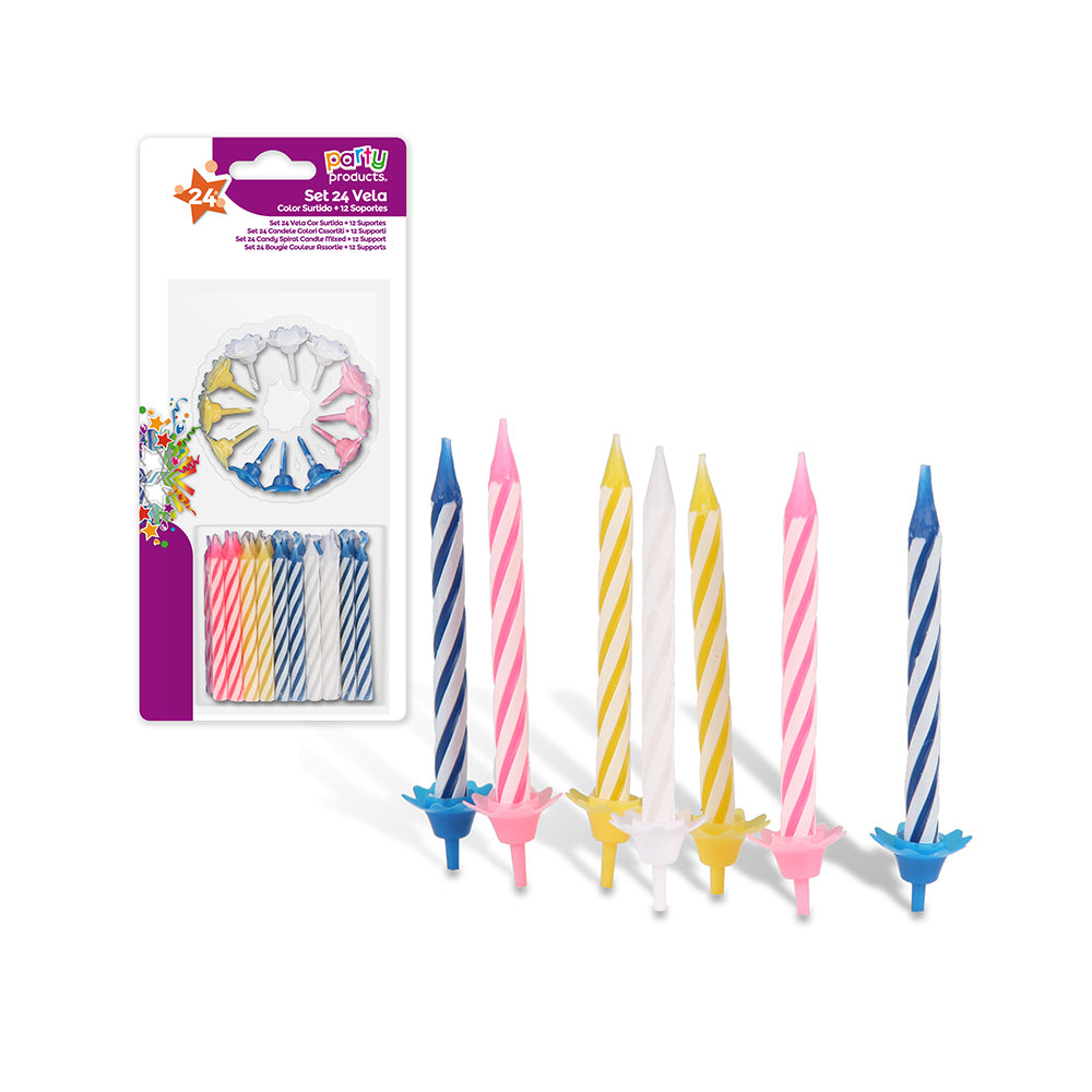 Pack com 24 unid. velas+12 suportes cores sortidas best products party_0