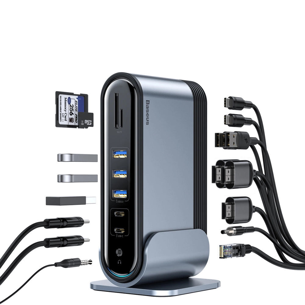 Baseus multifunctional HUB 3x USB 3.2 Gen 1 / 2x USB 2.0 / 2x USB Type C / SD and micro SD card reader / AUX / 3x HDMI / RJ45 1Gbps Power Delivery 100W (EU / CN / UK plugs) gray (CAHUB-DG0G)_3