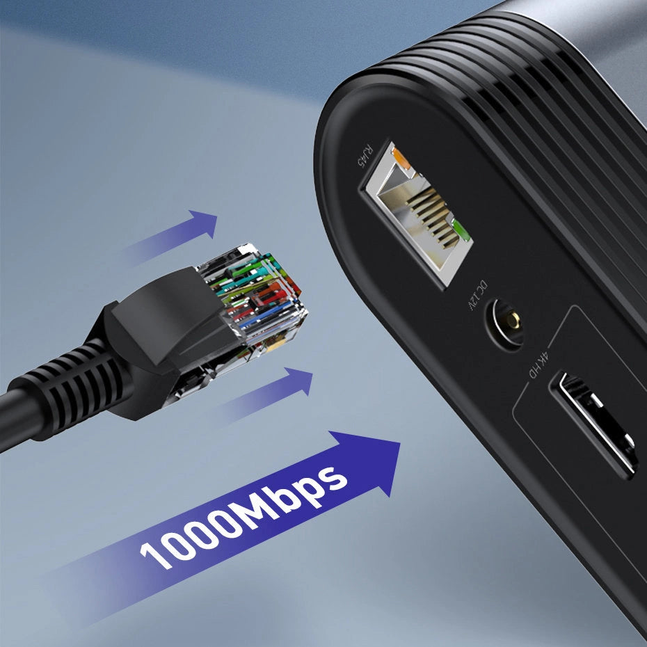 Baseus multifunctional HUB 3x USB 3.2 Gen 1 / 2x USB 2.0 / 2x USB Type C / SD and micro SD card reader / AUX / 3x HDMI / RJ45 1Gbps Power Delivery 100W (EU / CN / UK plugs) gray (CAHUB-DG0G)_17