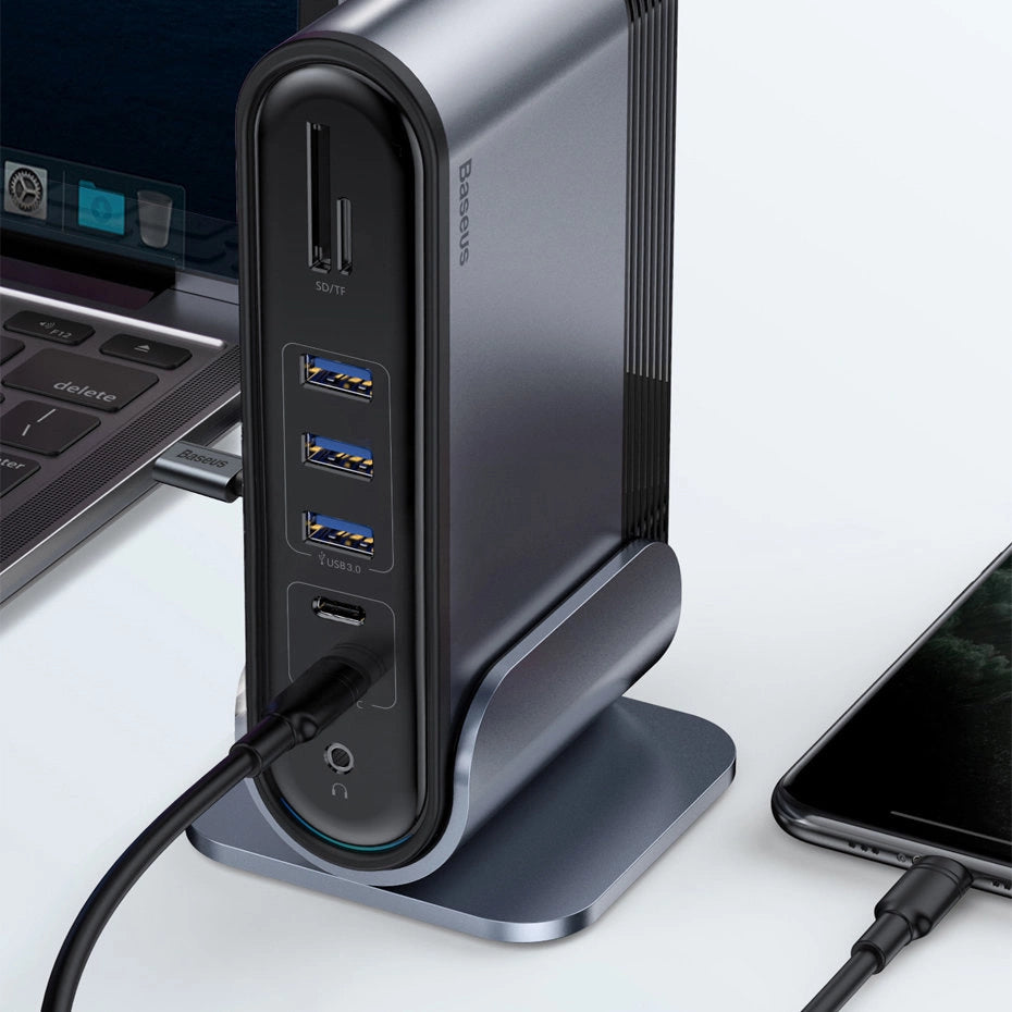Baseus multifunctional HUB 3x USB 3.2 Gen 1 / 2x USB 2.0 / 2x USB Type C / SD and micro SD card reader / AUX / 3x HDMI / RJ45 1Gbps Power Delivery 100W (EU / CN / UK plugs) gray (CAHUB-DG0G)_19