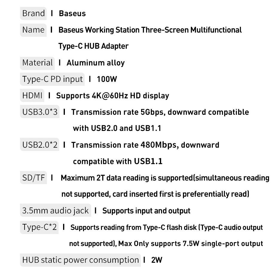 Baseus multifunctional HUB 3x USB 3.2 Gen 1 / 2x USB 2.0 / 2x USB Type C / SD and micro SD card reader / AUX / 3x HDMI / RJ45 1Gbps Power Delivery 100W (EU / CN / UK plugs) gray (CAHUB-DG0G)_26