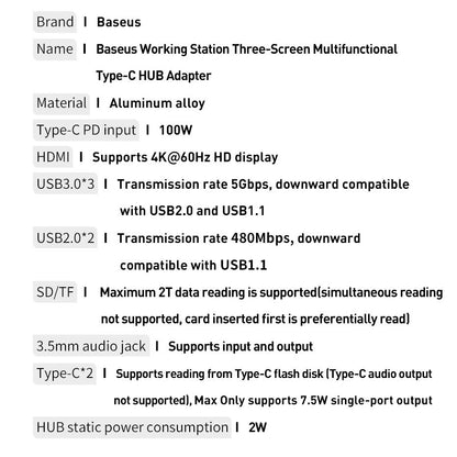 Baseus multifunctional HUB 3x USB 3.2 Gen 1 / 2x USB 2.0 / 2x USB Type C / SD and micro SD card reader / AUX / 3x HDMI / RJ45 1Gbps Power Delivery 100W (EU / CN / UK plugs) gray (CAHUB-DG0G)_26