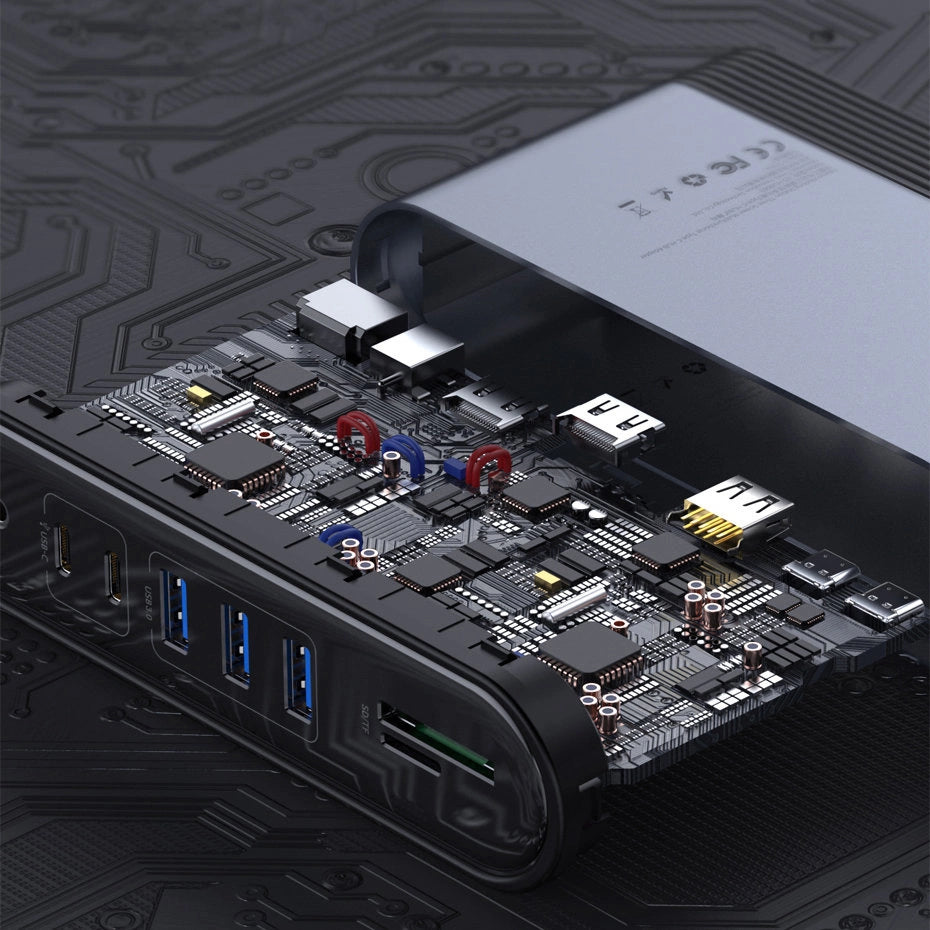 Baseus multifunctional HUB 3x USB 3.2 Gen 1 / 2x USB 2.0 / 2x USB Type C / SD and micro SD card reader / AUX / 3x HDMI / RJ45 1Gbps Power Delivery 100W (EU / CN / UK plugs) gray (CAHUB-DG0G)_23