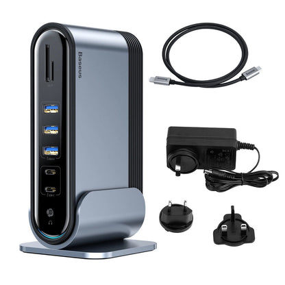 Baseus multifunctional HUB 3x USB 3.2 Gen 1 / 2x USB 2.0 / 2x USB Type C / SD and micro SD card reader / AUX / 3x HDMI / RJ45 1Gbps Power Delivery 100W (EU / CN / UK plugs) gray (CAHUB-DG0G)_0