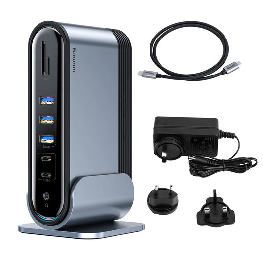 Baseus multifunctional HUB 3x USB 3.2 Gen 1 / 2x USB 2.0 / 2x USB Type C / SD and micro SD card reader / AUX / 3x HDMI / RJ45 1Gbps Power Delivery 100W (EU / CN / UK plugs) gray (CAHUB-DG0G)_0