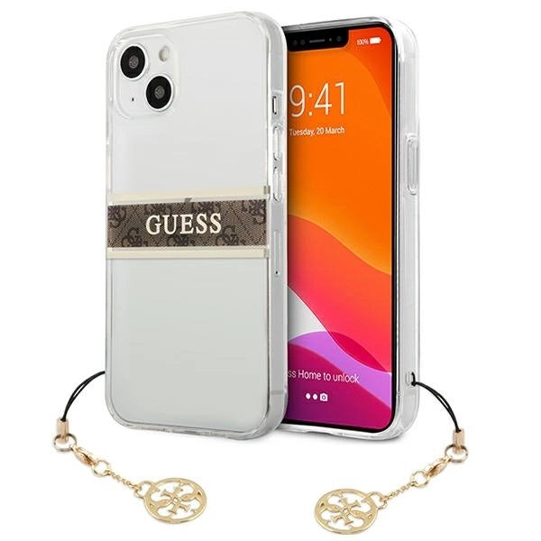 Guess GUHCP13SKB4GBR iPhone 13 mini 5.4" Transparent hardcase 4G Brown Strap Charm_0
