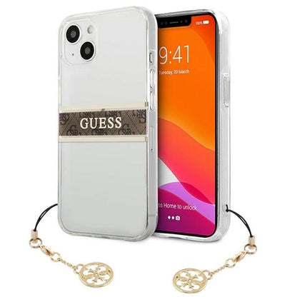Guess GUHCP13SKB4GBR iPhone 13 mini 5.4" Transparent hardcase 4G Brown Strap Charm_0