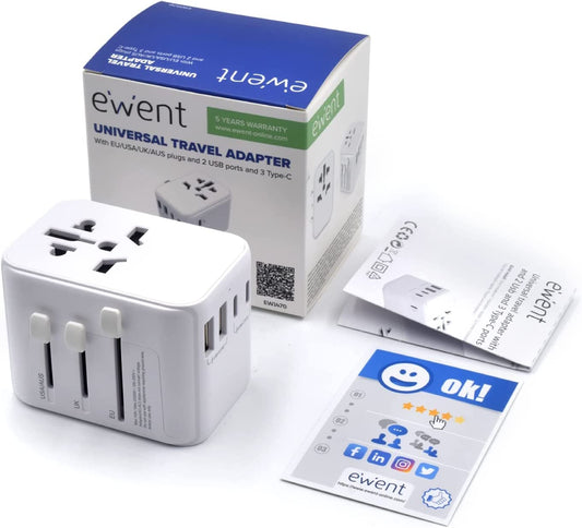 Adaptador de Corrente Ewent EW1470 Universal para EU/EUA/UK/AUS/CN/BR / 28W / Dual USB-A + 3x USB-C / Branco
