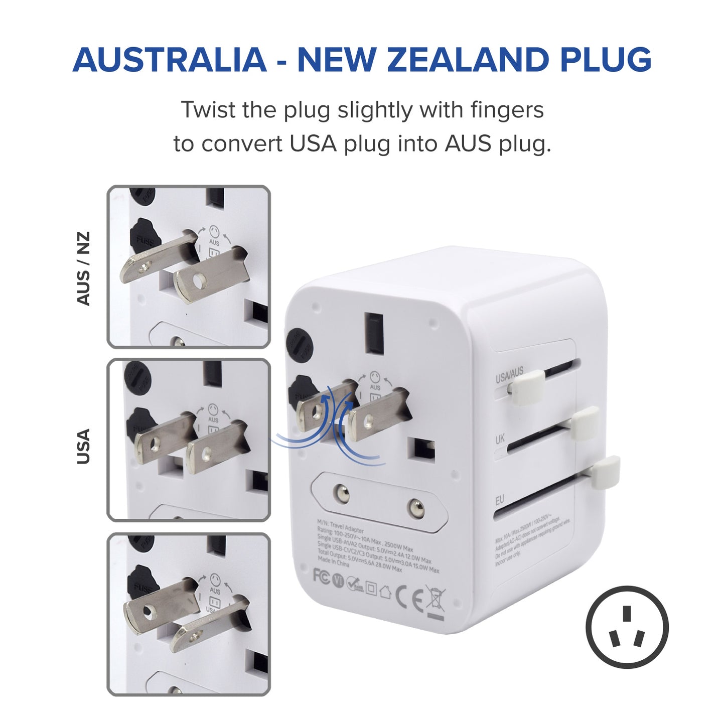 Adaptador de Corrente Ewent EW1470 Universal para EU/EUA/UK/AUS/CN/BR / 28W / Dual USB-A + 3x USB-C / Branco