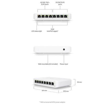 Switch Ubiquiti Lite-8 Portas Gigabit Managed PoE+ Wall Mount