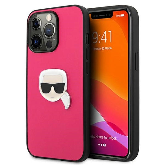 Karl Lagerfeld Leather Ikonik Karl&#39;s Head Metal Case for iPhone 13 Pro / 13 6.1&quot; - Pink_0