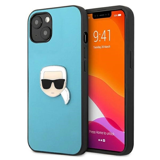 Karl Lagerfeld KLHCP13SPKMB iPhone 13 mini 5,4" niebieski/blue hardcase Leather Ikonik Karl`s Head Metal_0