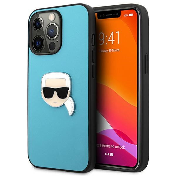 Karl Lagerfeld KLHCP13XPKMB iPhone 13 Pro Max 6,7" niebieski/blue hardcase Leather Ikonik Karl`s Head Metal_0