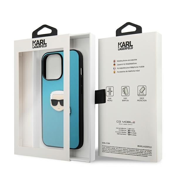 Karl Lagerfeld KLHCP13XPKMB iPhone 13 Pro Max 6,7" niebieski/blue hardcase Leather Ikonik Karl`s Head Metal_7