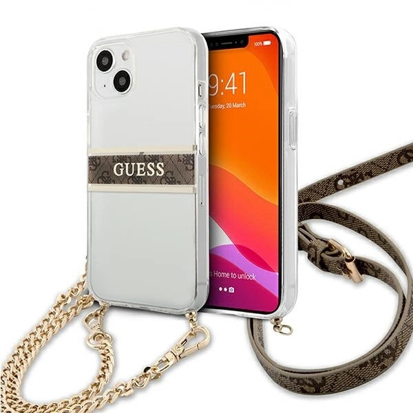 Guess GUHCP13SKC4GBGO iPhone 13 mini 5.4" Transparent hardcase 4G Brown Strap Gold Chain_0