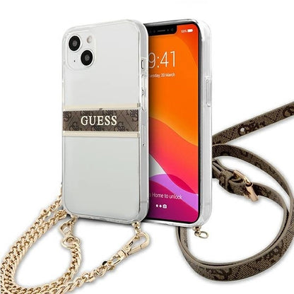Guess GUHCP13SKC4GBGO iPhone 13 mini 5.4" Transparent hardcase 4G Brown Strap Gold Chain_0