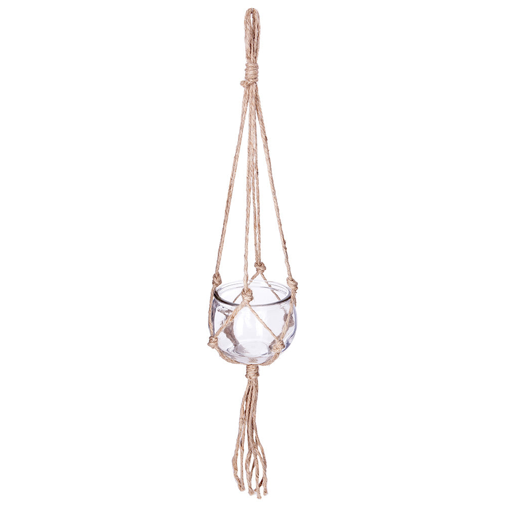 Vaso para flores de vidro com corde de serapilheira para pendurar Ã¸10.5cm_0