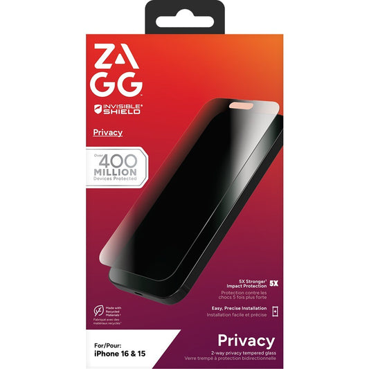 Película de Vidro Temperado ZAGG para iPhone 15/16 com filtro de privacidade InvisibleShield Glass Elite Privacy