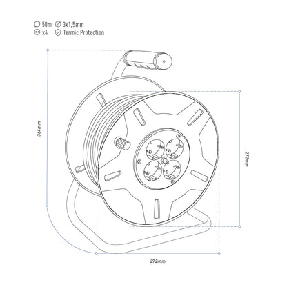 Extensão c/ Enrolador de Cabos EDM 50m 3G 1,50 mm² 4 Tomadas Bipolares com T/TL Protetor Térmico