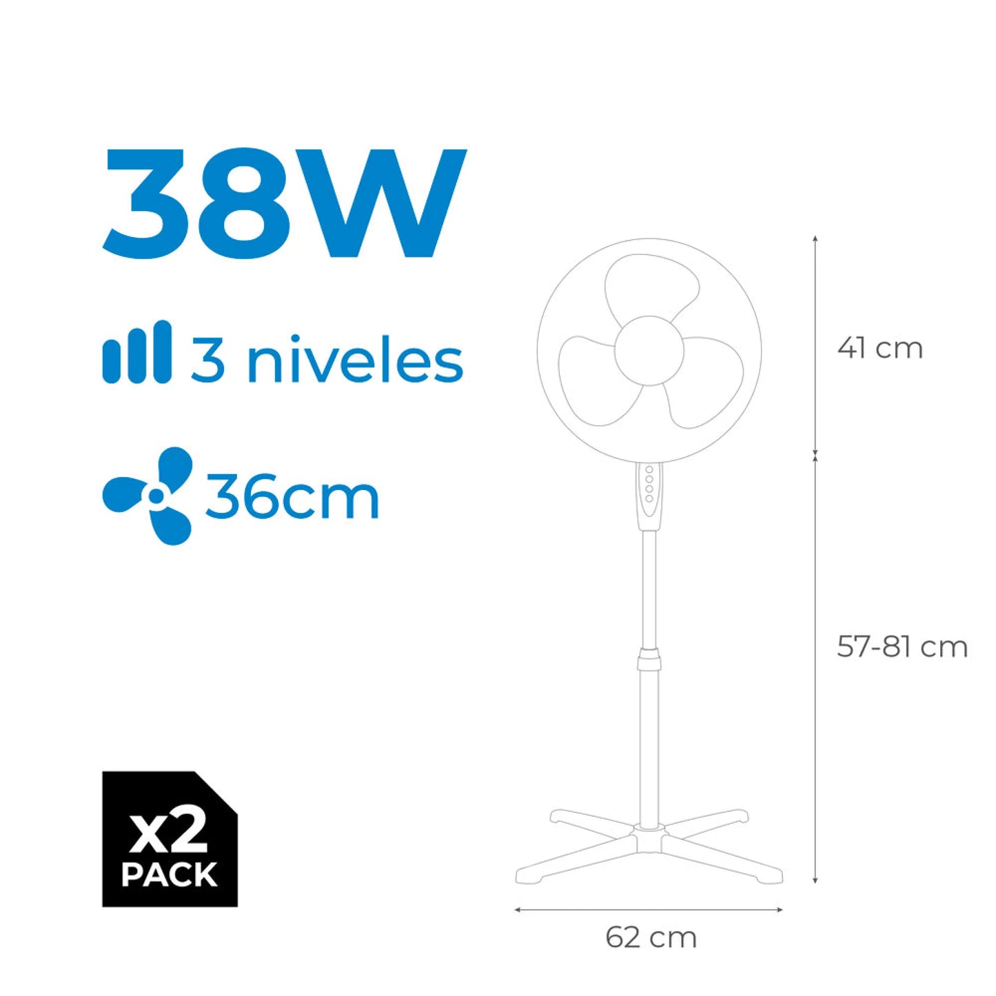 Ventoinha de Pé EDM 38W Ø40 cm Branca Silenciosa pack de 2 unidades