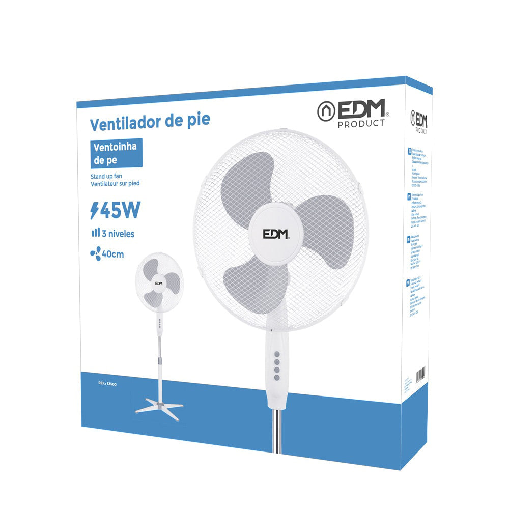Ventoinha de Pé EDM 45W Ø40cm Altura Regulável 105-125cm  Branca