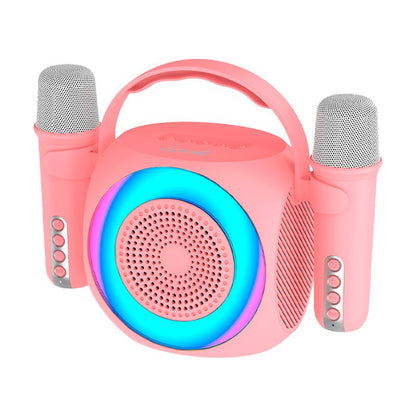 Kit Mini Karaoke Party Coluna Bluetooth 6W com 2 Microfones Rosa