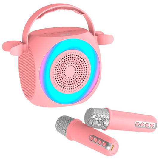 Kit Mini Karaoke Party Coluna Bluetooth 6W com 2 Microfones Rosa