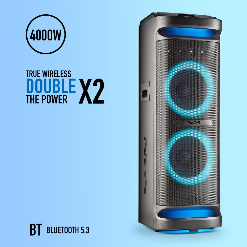 Coluna Portátil NGS 4000W Duplo 10" Woofer USB/BT(TWS) Aux in Preta
