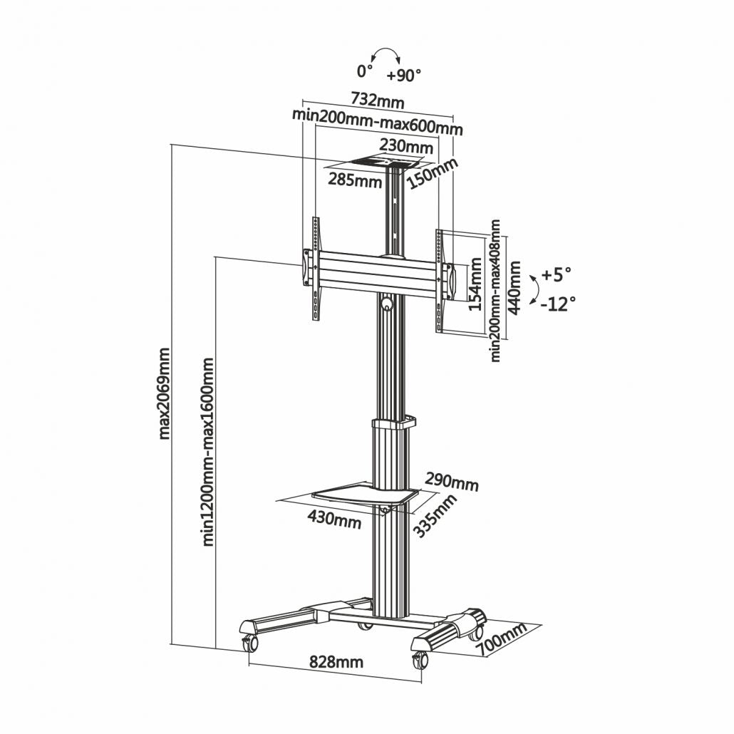Suporte de chão ECO com rodas, tabuleiro para DVD e suporte para câmara FT70TRE-037 / TV DE 37“ até 70”