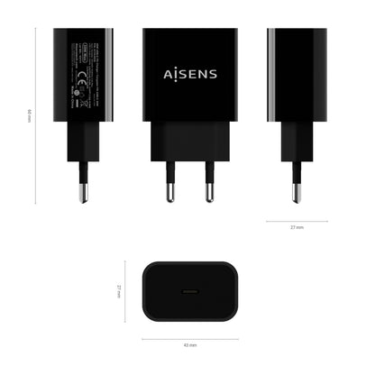 Carregador USB-C Aisens A110-0538 / 1x USB-C PD 3.0 Fast Charging / 20W / Preto