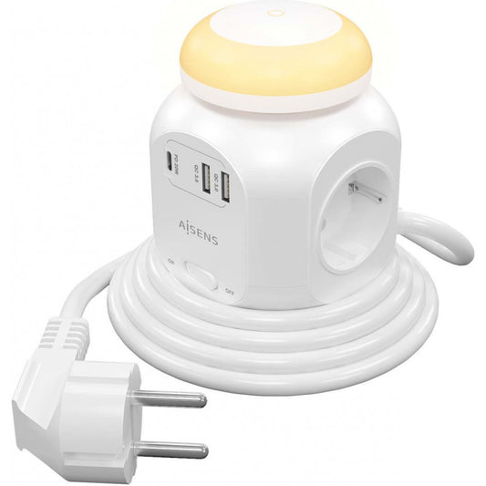 Cubo Extensão elétrica com 4x tomadas + 1x USB-C 20W PD3.0 / 2x USB-A 18W QC3.0 / luz noturna / 1,8M / branco