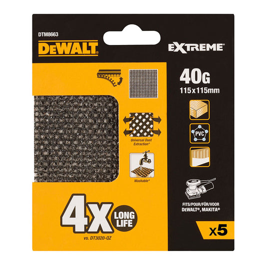 Pack de 5 lixas de malha autoadesiva 1/4 grÃ£o 40 para lixadoras orbitais 115x115mm dtm8663-qz dewalt_0