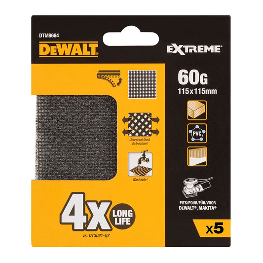 Pack de 5 lixas de malha autoadesiva 1/4 115x115mm grÃ£o 60 para lixadoras orbitais dtm8664-qz dewalt_0