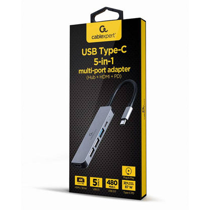 Adaptador Gembird USB-C 5-in-1 (Hub + HDMI + PD) Prateado