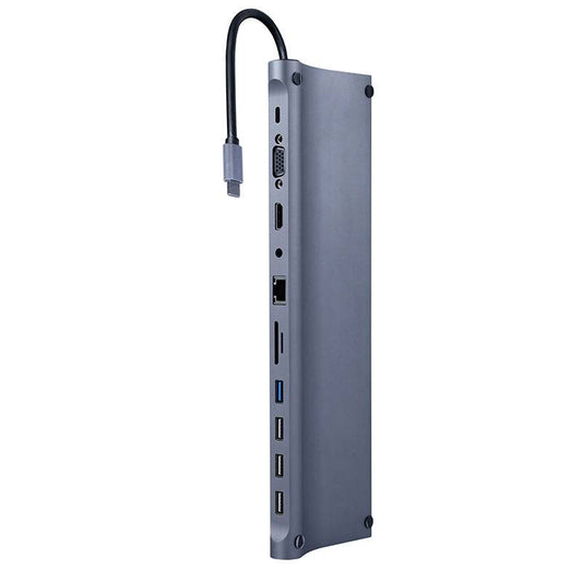 Adaptador Gembird USB-C 11-in-1 (Hub USB + HDMI + VGA + PD + Leitor de Cartões + LAN + 3.5mm audio) Cinzento Sideral
