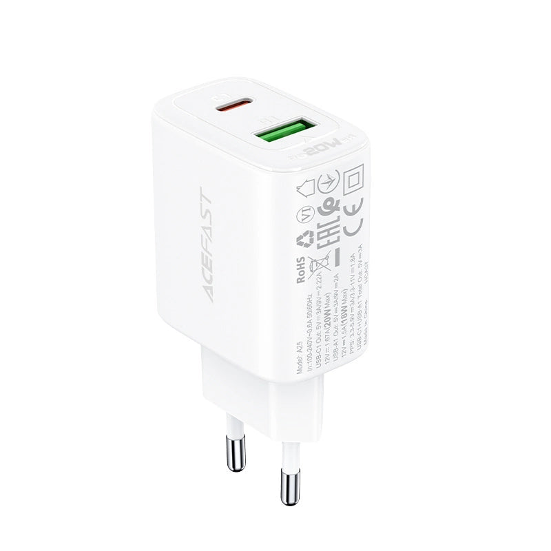 Acefast wall charger USB Type C / USB 20W, PPS, PD, QC 3.0, AFC, FCP white (A25 white)_3