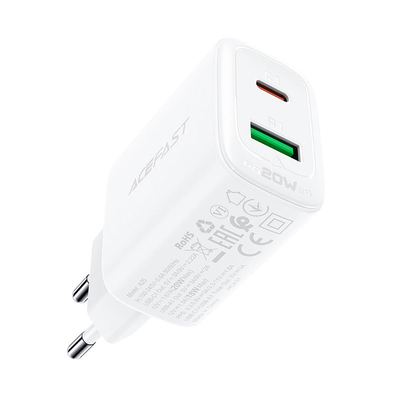 Acefast wall charger USB Type C / USB 20W, PPS, PD, QC 3.0, AFC, FCP white (A25 white)_4