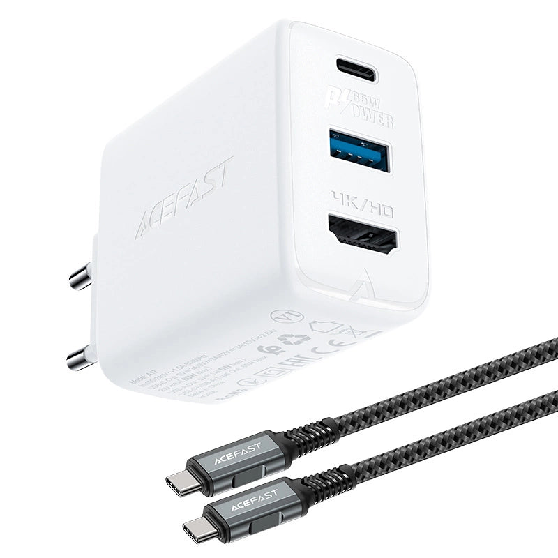 Acefast 2in1 charger GaN 65W USB Type C / USB, adapter adapter HDMI 4K @ 60Hz (set with cable) white (A17 white)_0