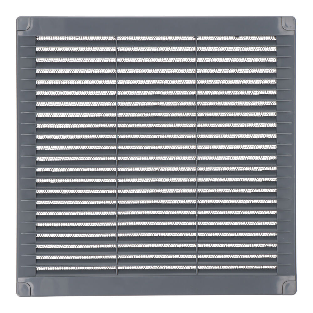Grelha de ventilaÃ§Ã£o quadrada com plugues e mosquiteiro 250x250x7mm abs cinza_0