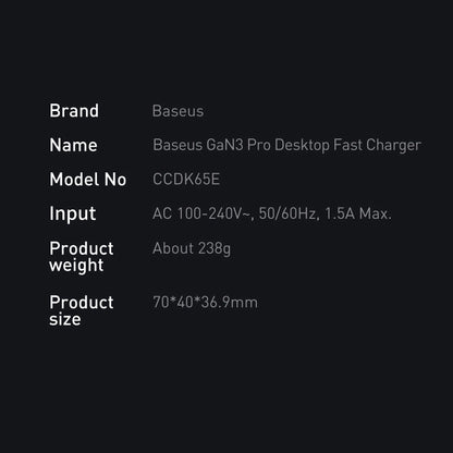 Baseus GaN3 Pro fast charger GaN 2 x USB Type C / 2 x USB 65W PD, QC4.0+, AFC, PPS + cable USB Type C - USB Type C 1m black (CCGP040101)_29