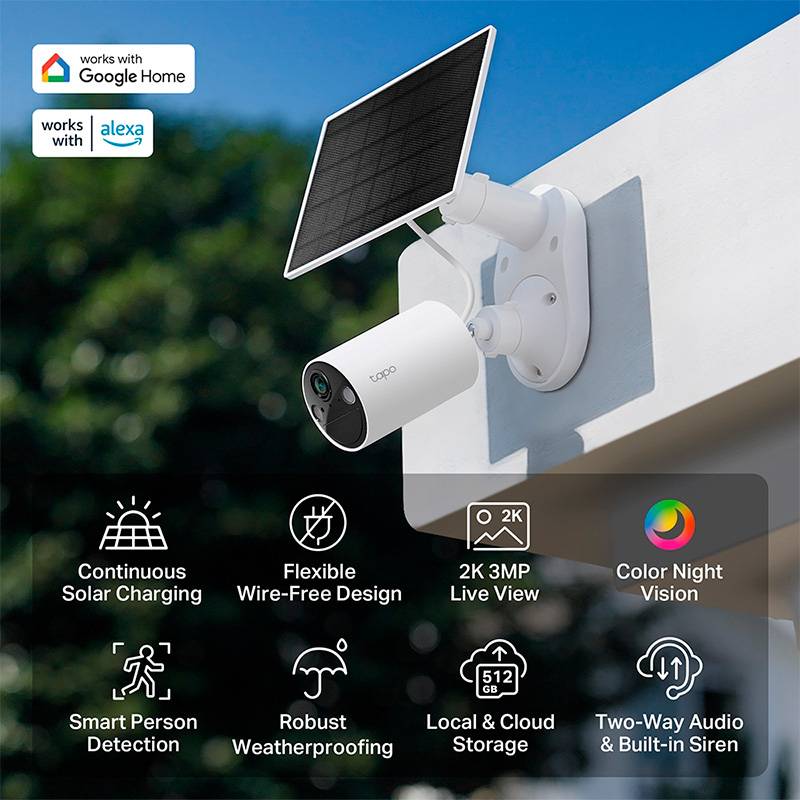 Câmara de Segurança TP-Link Tapo TC82 2K 3MP Outdoor IP65 Security Wi-Fi com Bateria + Painel Solar Tapo A201