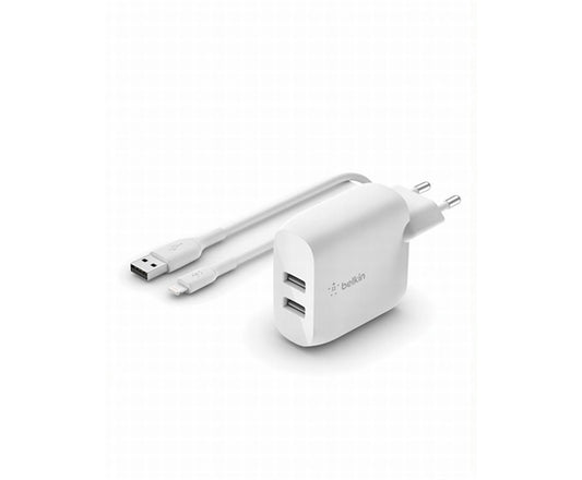 CARICABATTERIE 2 PORTE USB-A + CAVO DA USB-A A LIGHTNING 1M - BIANCO_0