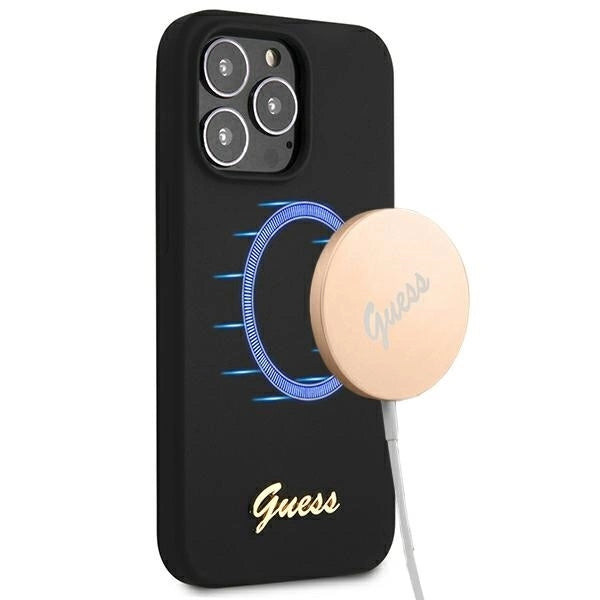 Guess GUHMP13LLSLMGBK iPhone 13 Pro / 13 6.1" black/black hardcase Silicone Script Gold Logo MagSafe_0