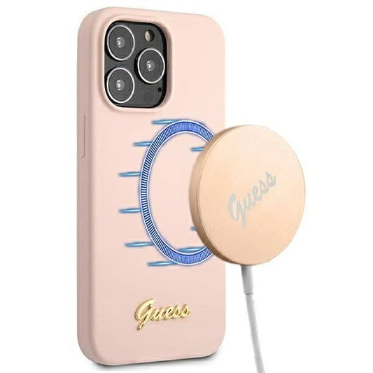 Guess GUHMP13LLSLMGLP iPhone 13 Pro / 13 6.1&quot; light pink/light pink hardcase Silicone Script Gold Logo Magsafe_0
